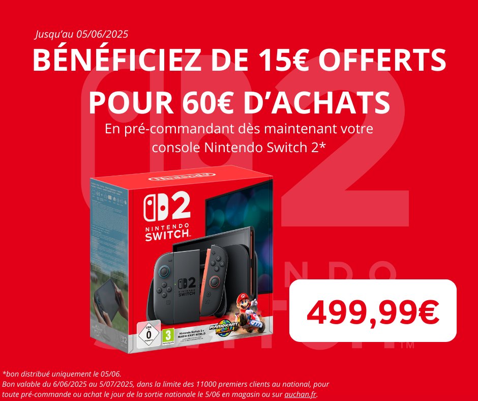 ⚠️RAPPEL ⚠️

Jusqu'au 05/06 chez Auchan, profitez de 15€ offerts pour 60€ d'achats sur la précommande de la console Nintendo Switch 2 ! 

 N'attendez plus pour précommander votre console Nintendo Switch 2 !