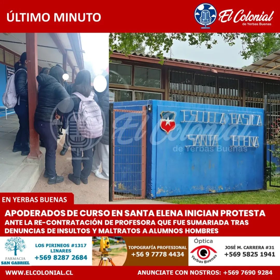 eve_cons's tweet photo. ESTO ESTA PASANDO AHORA EN YERBAS BUENAS 
#URGENTE | Apoderados y Estudiantes de curso en Santa Elena inician protesta ante la recontratación de polémica profesora que fue sumariada tras denuncias de insultos y maltratos a alumnos hombres
A esta hora de la mañana (sigue) https://t.co/L6O5MckLrN