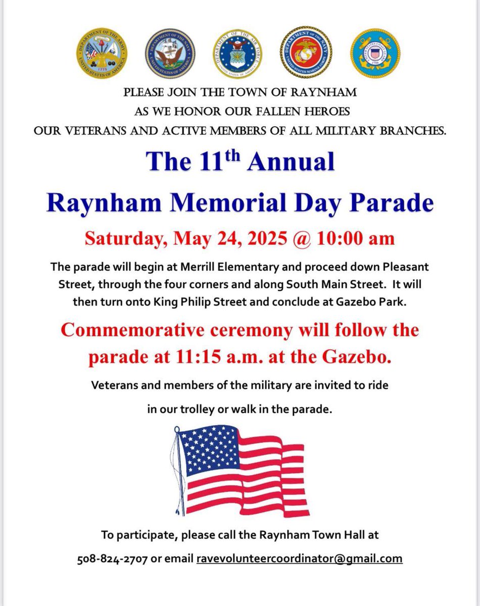 Just a reminder that the 11th annual Memorial Day Parade will be Saturday. Expect road closers and detours for Pleasant St., South main St., Richmond St. and King Philip St.  Thank you.
