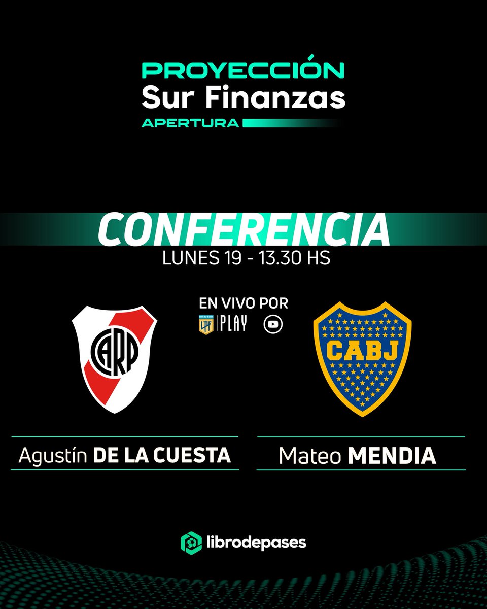 Proyeccion LPF (@proyeccionlpf) on Twitter photo ¡Hoy tenemos #ConferenciaLPF! 🎙️
Nos visitan Agustín De La Cuesta, de <a href="/RiverPlate/">River Plate</a> y Mateo Mendia, por <a href="/BocaJrsOficial/">Boca Juniors</a>, en la previa del superclásico por la #Fecha14 del #TorneoProyección <a href="/surfinanzas/">Sur Finanzas</a> 🏆
⌚️Desde las 13.30
📲 bit.ly/LPF_Play
💻 youtube.com/live/Csw2HsIz5… ¡Hoy tenemos #ConferenciaLPF! 🎙️
Nos visitan Agustín De La Cuesta, de <a href="/RiverPlate/">River Plate</a> y Mateo Mendia, por <a href="/BocaJrsOficial/">Boca Juniors</a>, en la previa del superclásico por la #Fecha14 del #TorneoProyección <a href="/surfinanzas/">Sur Finanzas</a> 🏆
⌚️Desde las 13.30
📲 bit.ly/LPF_Play
💻 youtube.com/live/Csw2HsIz5…
