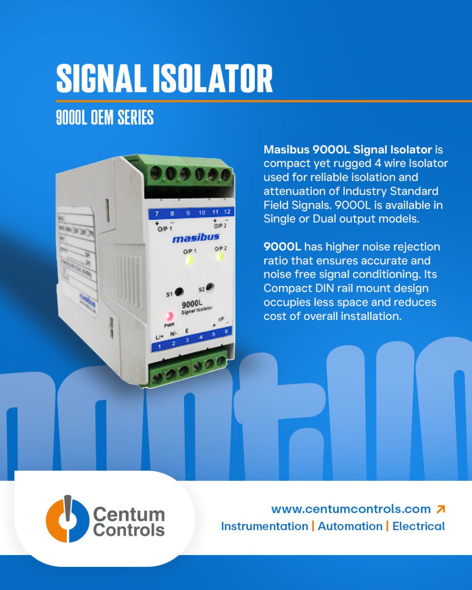 centumcontrols's tweet image. Compact signal isolation! #Masibus 9000L OEM Isolator: rugged, 4-wire, single/dual output. High noise rejection &amp;amp; DIN rail mount!

#SignalIsolator #Instrumentation #SignalConditioning #IndustrialAutomation #NoiseRejection #CompactDesign #OEM #Masibus
