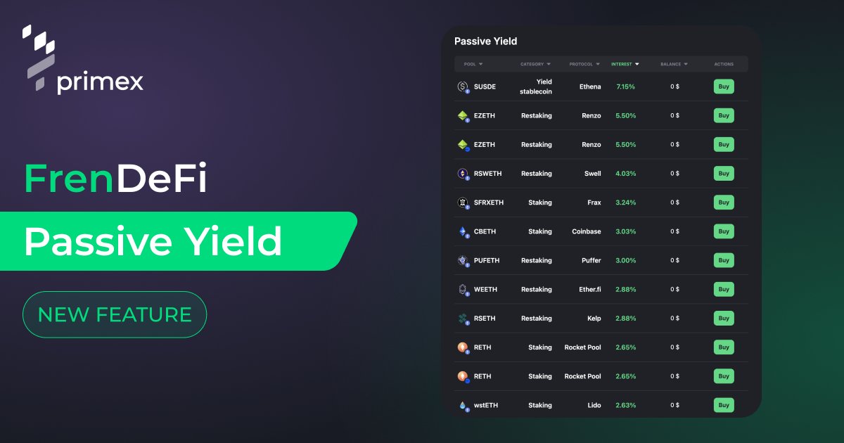 🤯 New FrenDeFi Feature: Passive Yield Strategies

You can now buy yieldcoins from leading protocols such as <a href="/LidoFinance/">Lido</a>, <a href="/Rocket_Pool/">Rocket Pool</a>, <a href="/fraxfinance/">Frax Finance ¤⛓️¤</a>, <a href="/RenzoProtocol/">Renzo</a>, <a href="/ether_fi/">ether.fi</a>, <a href="/coinbase/">Coinbase 🛡️</a>, <a href="/ethena_labs/">Ethena Labs</a>, <a href="/maker/">Maker</a>, <a href="/puffer_finance/">Puffer Finance 🐡</a> and more, directly in the FrenDeFi app! 

✅ Browse