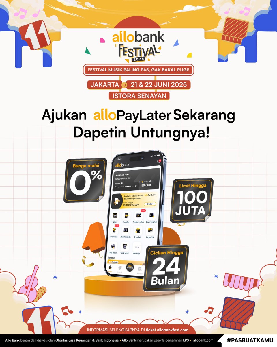 Gimana, udah siap buat Ticketing Allo Bank Festival 2025 di tanggal 21 Mei 2025 nanti? 😍

⚠️ Biar gak ada kendala, pastiin kamu udah update Aplikasi Allo Bank kamu ke versi terbaru sebelum ticketing dimulai! 

Pastikan kamu sudah registrasi dan Upgrade ke Allo Prime &amp; apply Allo