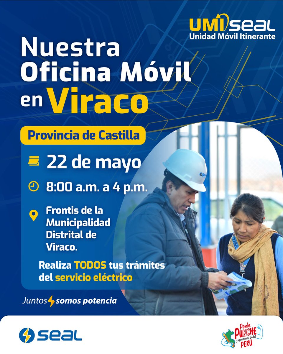 SealArequipa's tweet image. 📢 ¡Vecino de #Viraco, SEAL llega a ti! 📢
Este Jueves 22 de mayo, nuestra Unidad Móvil Itinerante 🚐 regresa para brindarte atención cerca de casa. 

📆 Fecha: 22 de mayo
 📌Ubicación: Frontis De La Municipalidad
🕒 Horario de atención: 8:00 AM a 4:00 PM