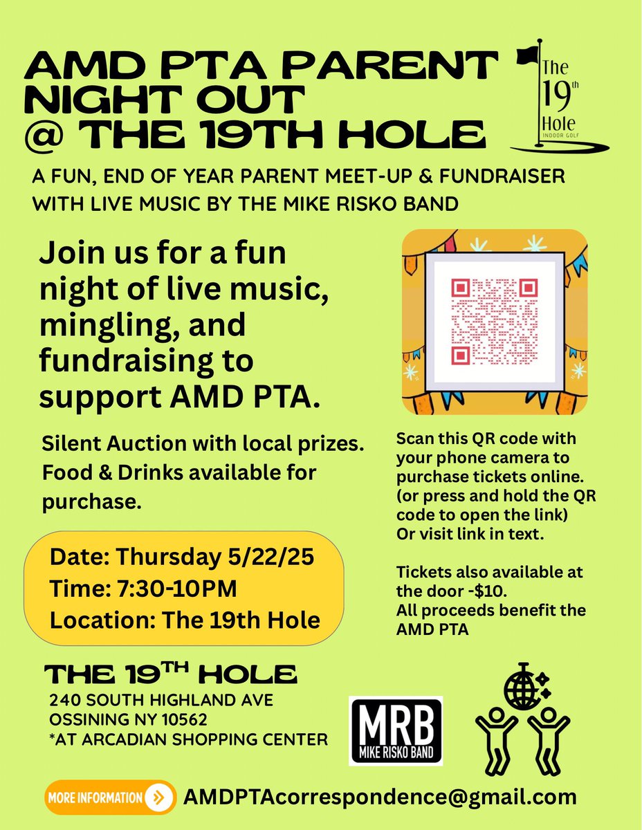 Join us for a night of music, fun, and community – all to support the AMD PTA!

Live music by the Mike Risko Band, a silent auction, and a great atmosphere at The 19th Hole right in Ossining. Everyone’s welcome!

Tickets: $10 – All proceeds go to the AMD PTA

Buy your ticket now!