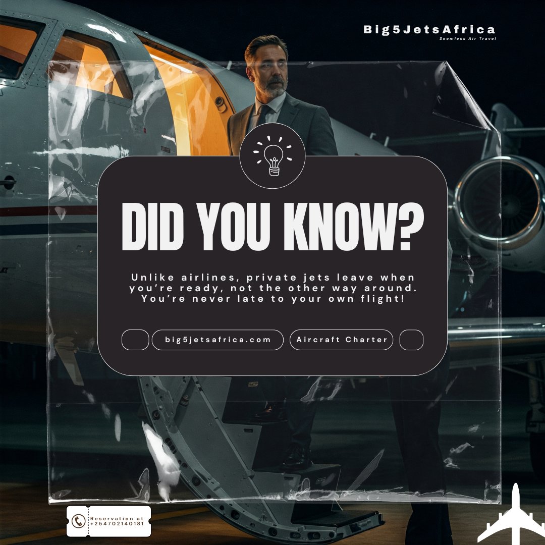 big5jets's tweet photo. ✈️ Fly on your schedule-no delays, no airport chaos, just pure convenience.  📍Skip the lines. Fly in style. 📞 Contact us today for a quote to your next destination! #PrivateJetLife #Big5JetsAfrica #LuxuryTravel #FlyYourWay https://t.co/uj5xhj4eAF