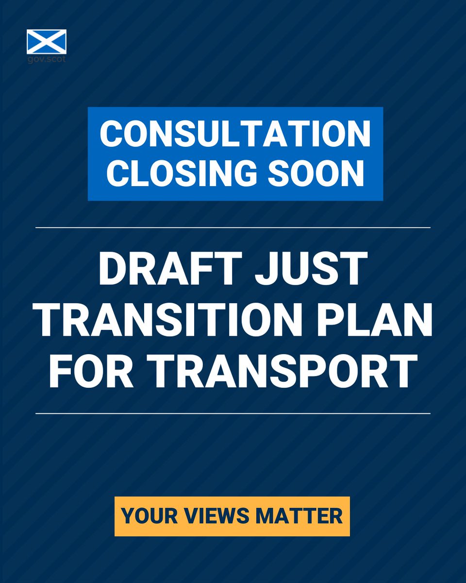 Scot Gov Engagement (@scotgovengage) on Twitter photo Consultation closing soon!
'Draft Just Transition Plan for Transport' closes today.
Find out more and respond to this consultation on Citizen Space: consult.gov.scot/energy-and-cli…
<a href="/scotgov/">Scottish Government</a>
<a href="/transcotland/">Transport Scotland</a> Consultation closing soon!
'Draft Just Transition Plan for Transport' closes today.
Find out more and respond to this consultation on Citizen Space: consult.gov.scot/energy-and-cli…
<a href="/scotgov/">Scottish Government</a>
<a href="/transcotland/">Transport Scotland</a>