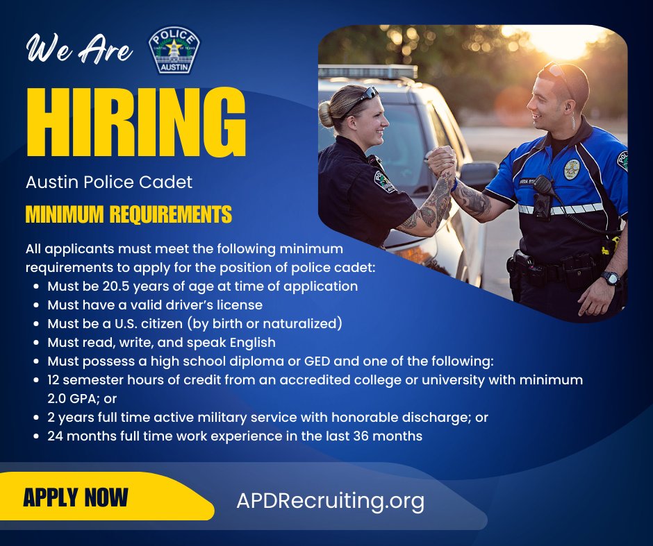 We’ve updated our minimum qualifications!
If you have a heart to serve and a passion for making a difference, our community needs you. Let’s work together to make Austin safer — step up and apply today. Your journey starts now!