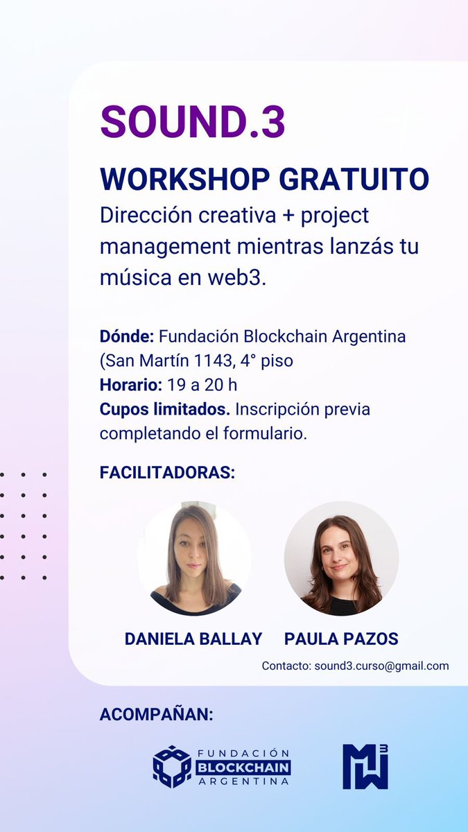 BallayDani's tweet photo. Si querés introducirte en web3 y no sabes cómo empezar, este workshop es para vos. Inscripciones acá https://t.co/aeLmxe4MBH…
.
Somos @paulapazosarg y @BallayDani 
Nos acompañan @fblockchain_ar y @Musica_W3 https://t.co/H0JkYDXn0x