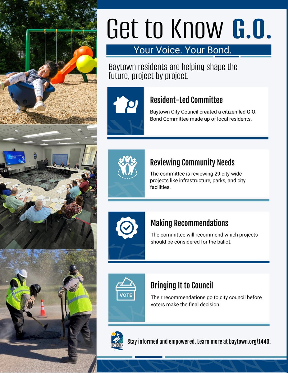 Baytown’s proposed G.O. Bond is a community-driven process—powered by residents, not just City leadership. A citizen-led committee is reviewing potential projects to recommend for the ballot. Your voice matters: baytown.org/1440
#BaytownBond #GetToKnowGO #YourVoiceYourBond