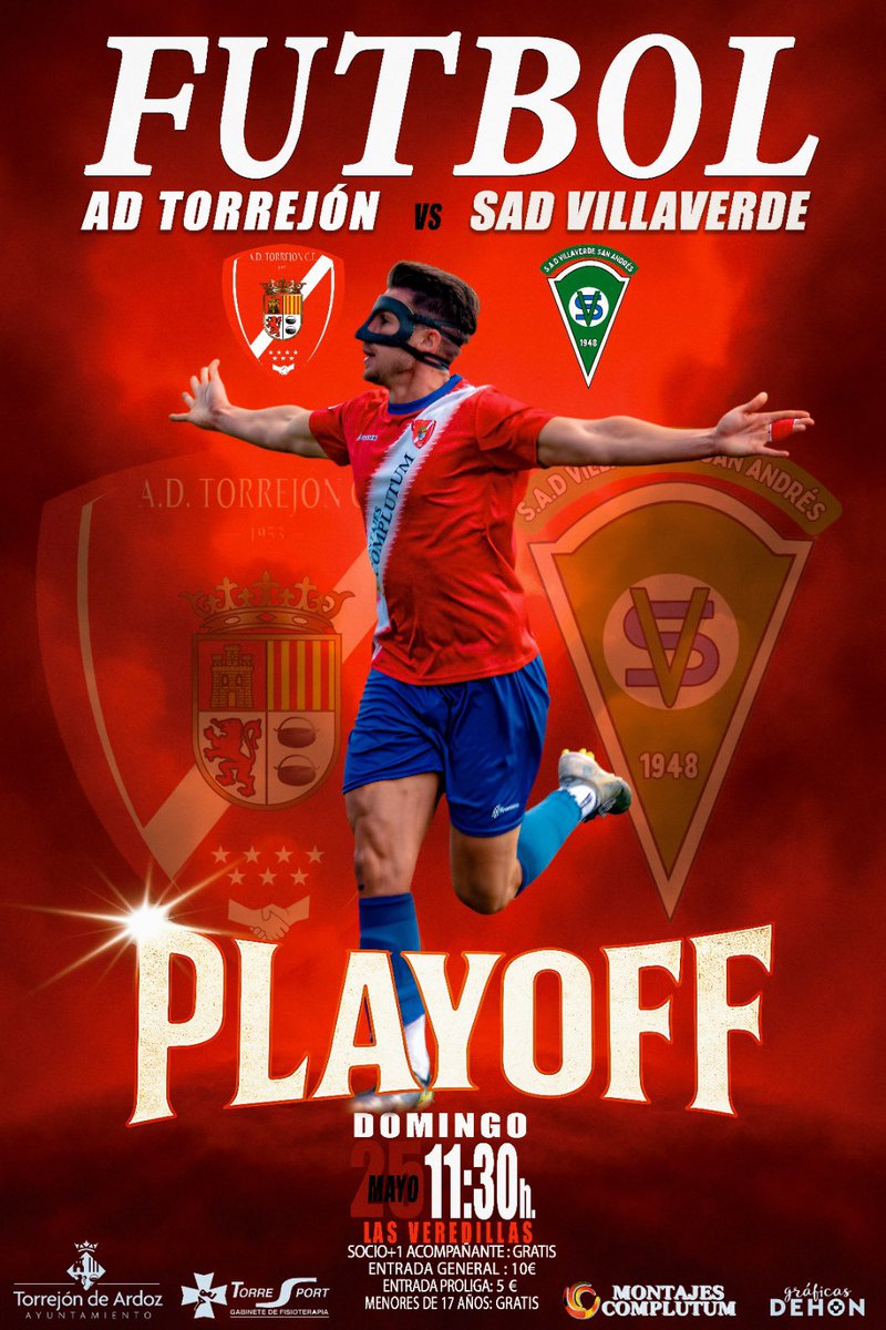 🔴 Este DOMINGO 25 MAYO | 11:30h
⚽️ AD TORREJÓN vs SAD VILLAVERDE
🔥 PLAYOFF en Las Veredillas
Todo o nada.Por el escudo. Por la ciudad. 💪

¡Nos jugamos el ascenso!
Llenemos el estadio

#Playoff #VamosTorrejón  <a href="/SADvillaverde/">SAD Villaverde San Andrés</a> <a href="/GradaSiete7/">GradaSiete7</a> <a href="/Balon_Tierra/">𝔹𝕒𝕝𝕠́𝕟 𝔸 𝕋𝕚𝕖𝕣𝕣𝕒 ⚽</a> <a href="/TorrejonDxte/">Concejalía Deportes Torrejón de Ardoz</a> <a href="/GolSinVAR/">⚽GOL SIN VAR ❌🖥️</a>