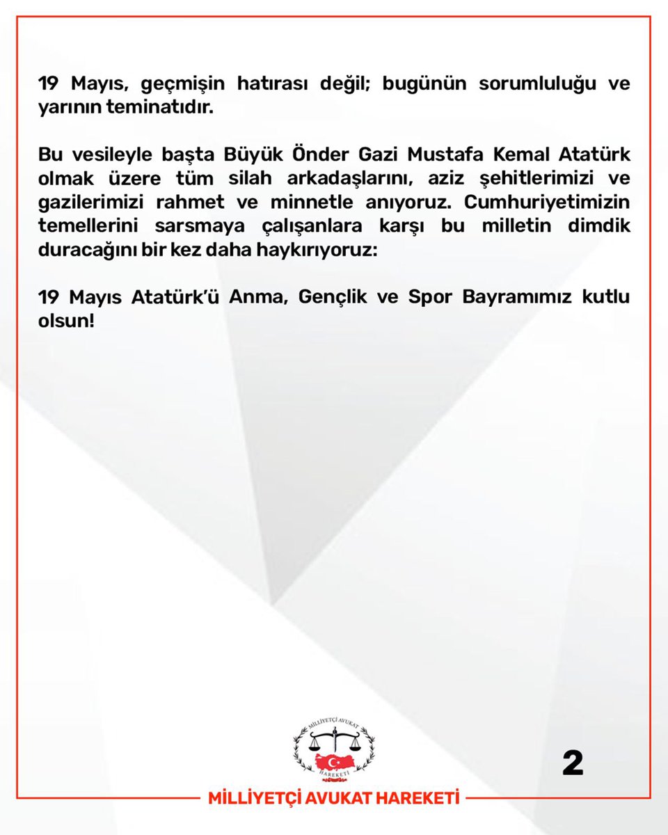 milli_avukat's tweet photo. 19 Mayıs, geçmişin hatırası değil; bugünün sorumluluğu ve yarının teminatıdır. Büyük Önder Gazi Mustafa Kemal Atatürk olmak üzere tüm silah arkadaşlarını, aziz şehitlerimizi ve gazilerimizi rahmet ve minnetle anıyoruz. 🇹🇷 https://t.co/9TuLWizrk9