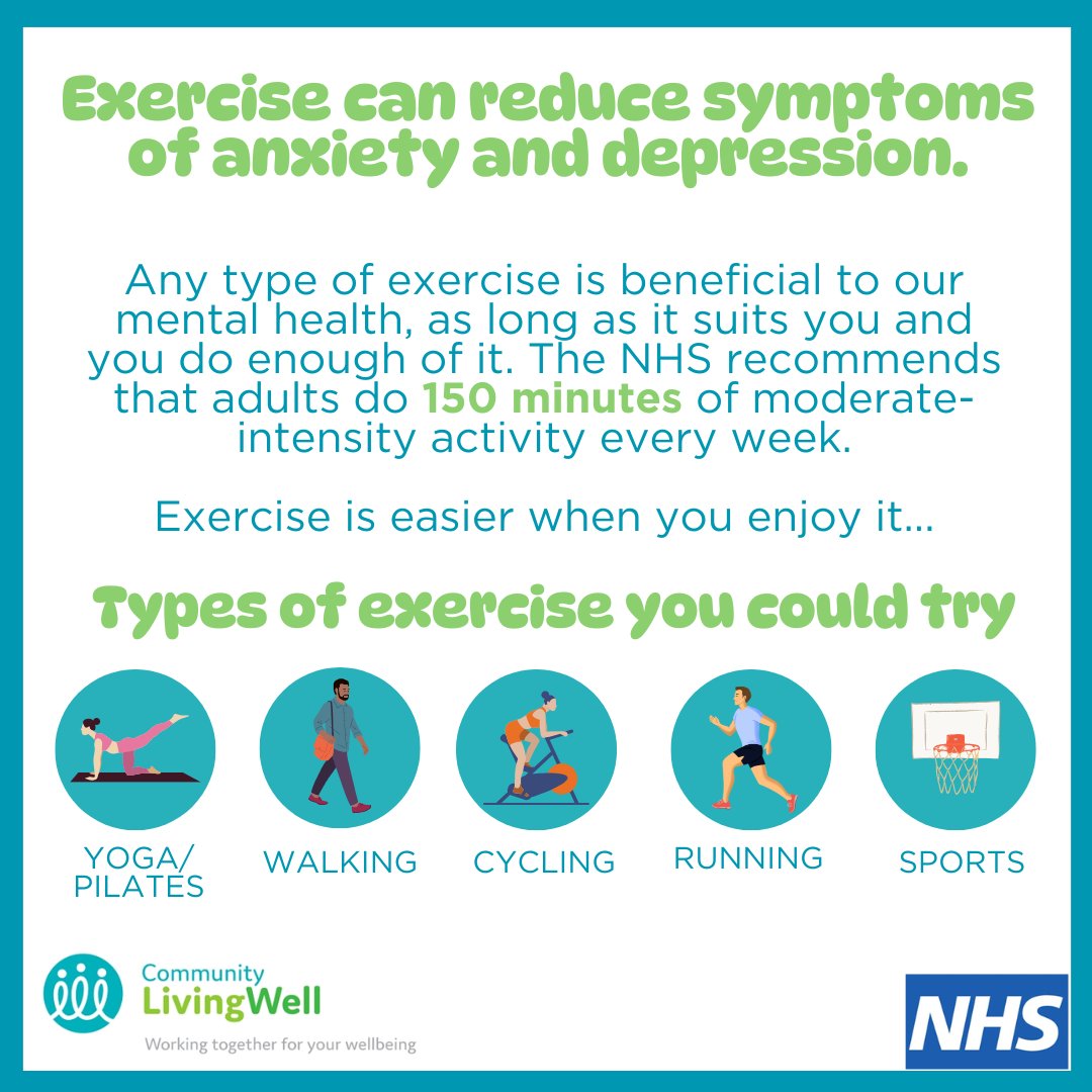 Mindful Tips: Exercise and Your Mood 🏃‍
Whether you enjoy exercising alone or with others, moving your body regularly can boost your mental wellbeing. 

Find out more here: nhs.uk/mental-health/…

#MentalHealthAwareness #MoveForMood #ExerciseForWellbeing #CommunityLivingWell
