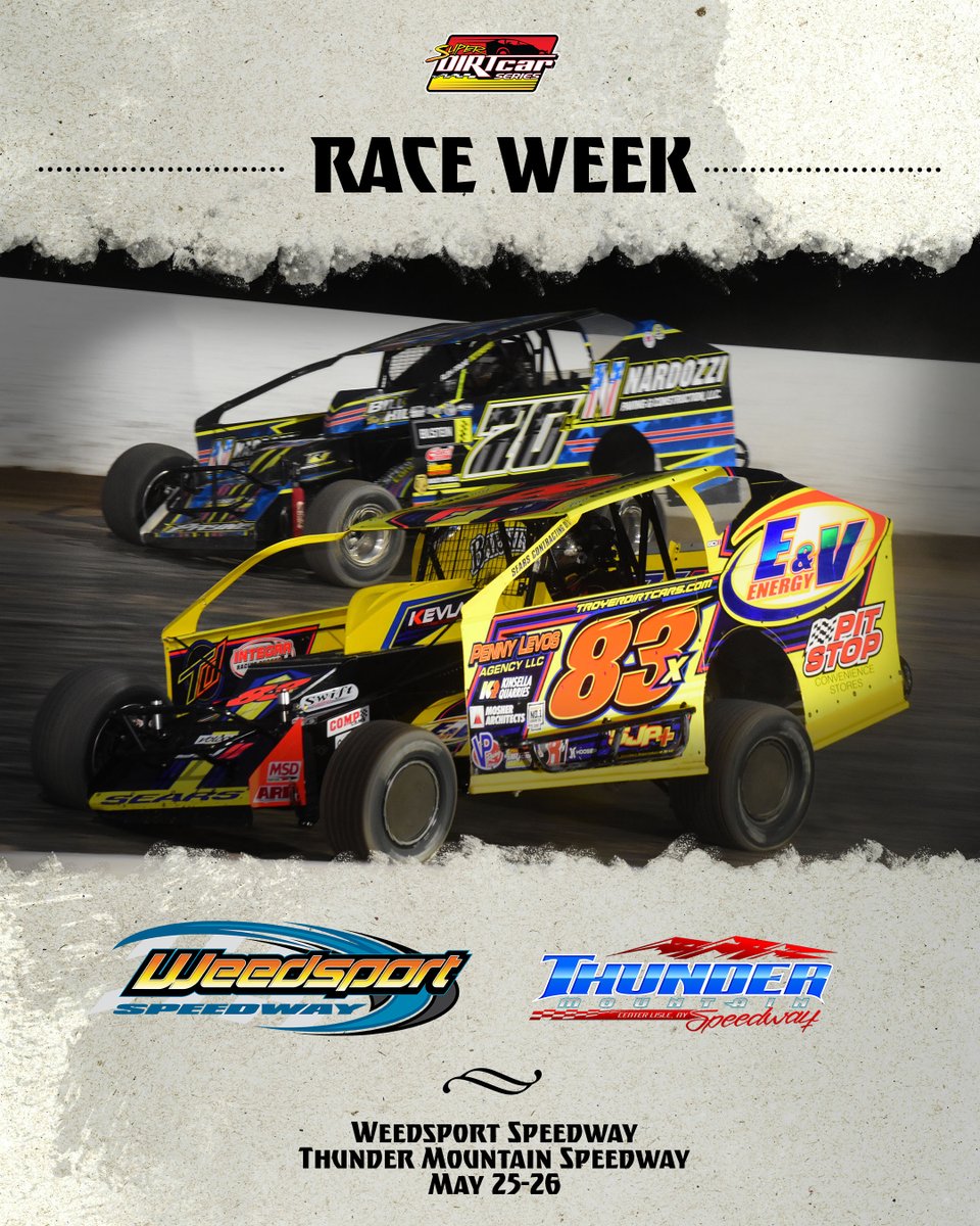Super DIRTcar Series (@superdirtcar) on Twitter photo 𝙍𝘼𝘾𝙀 𝙒𝙀𝙀𝙆!
A Memorial Day Weekend doubleheader awaits with stops at <a href="/WeedsportSpdwy/">Weedsport Speedway</a> (May 25) and <a href="/thundermtnspeed/">Thunder Mountain Speedway NY</a> (May 26). 𝙍𝘼𝘾𝙀 𝙒𝙀𝙀𝙆!
A Memorial Day Weekend doubleheader awaits with stops at <a href="/WeedsportSpdwy/">Weedsport Speedway</a> (May 25) and <a href="/thundermtnspeed/">Thunder Mountain Speedway NY</a> (May 26).