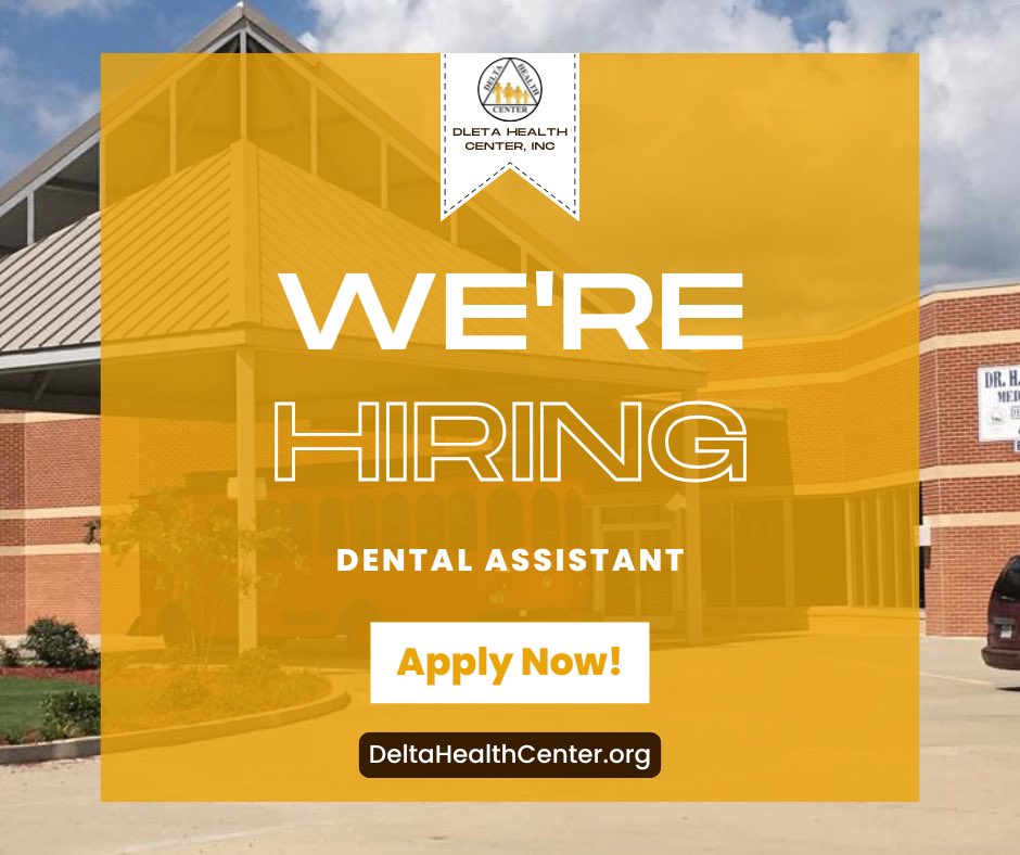 Join Our Dental Family in Hollandale, MS! 🦷
We're hiring Dental Assistants to join the dedicated team at Delta Health Center, Inc.!

📍 Location: Hollandale, MS
📩 Apply now at DeltaHealthCenter.org/careers and help us bring brighter smiles to our community!

#DentalAssistant