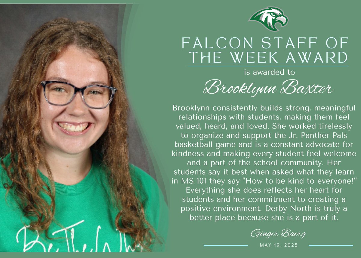Brooklynn Baxter is this week's Falcon Staff of the Week.  She was nominated by her peers for this award.  We are so thankful to have her at DNMS.  She truly makes an impact on the students and the school as a whole!