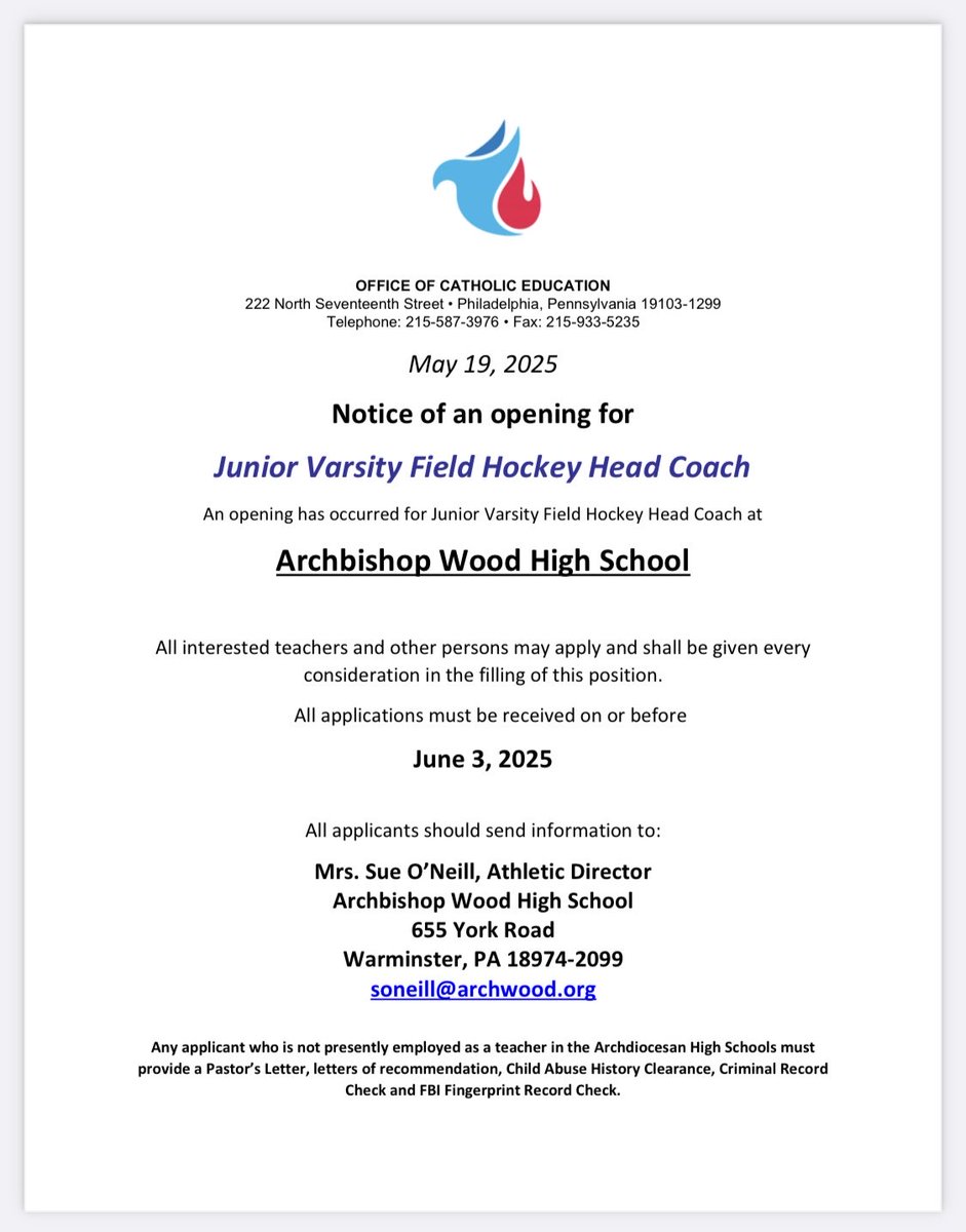 Archbishop Wood Athletics (@wood_vikings) on Twitter photo Wood is looking for a JV Field Hockey Coach for the Fall. Spread the word. Anyone interested, email Athletic Director Sue O’Neill at soneill@archwood.org. <a href="/ArchbishopWood/">Archbishop Wood</a> Wood is looking for a JV Field Hockey Coach for the Fall. Spread the word. Anyone interested, email Athletic Director Sue O’Neill at soneill@archwood.org. <a href="/ArchbishopWood/">Archbishop Wood</a>