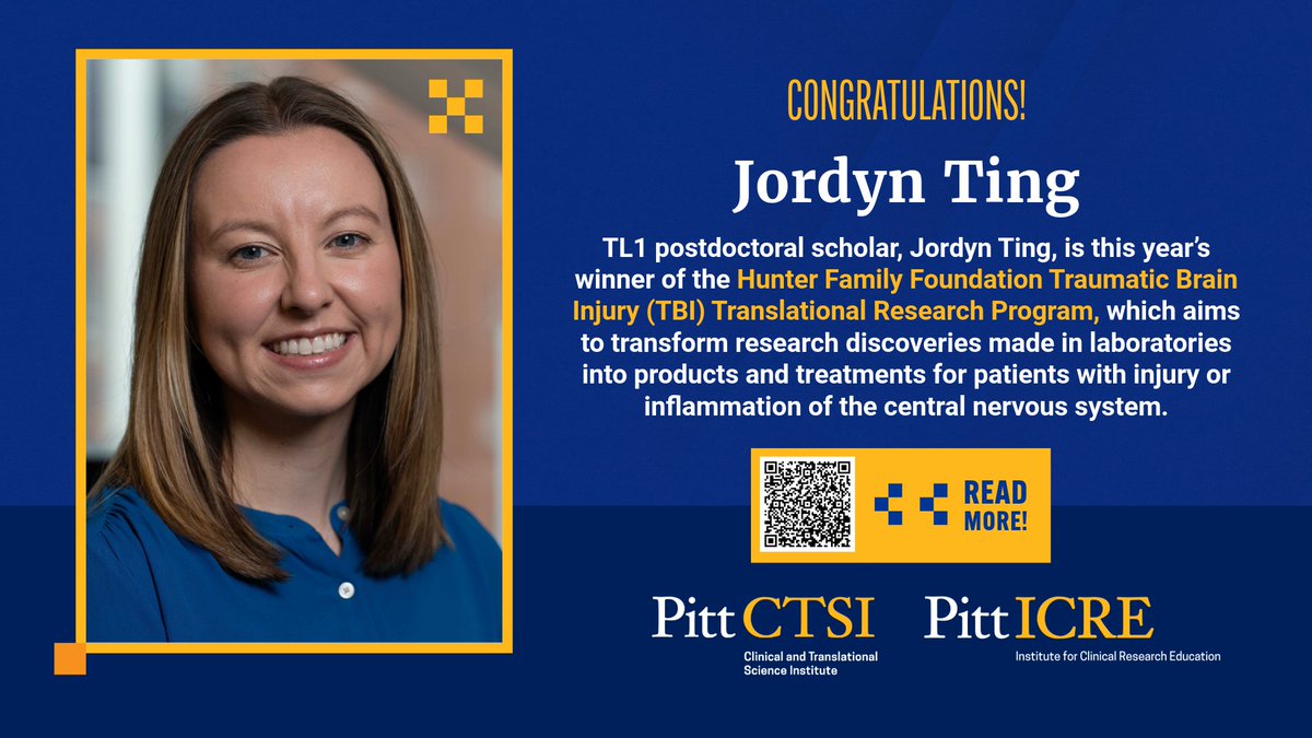 Pitt Institute for Clinical Research Education (@pitticre) on Twitter photo TL1 Postdoc, Jordyn Ting, PhD, is 2025's winner of the Hunter Family Foundation TBI Translational Research Program 🎉 Ting will receive $100K to support research on deep brain stimulation's connection with improved speech and swallowing.
📌 Read more: innovation.pitt.edu/jordyn-ting-re… TL1 Postdoc, Jordyn Ting, PhD, is 2025's winner of the Hunter Family Foundation TBI Translational Research Program 🎉 Ting will receive $100K to support research on deep brain stimulation's connection with improved speech and swallowing.
📌 Read more: innovation.pitt.edu/jordyn-ting-re…