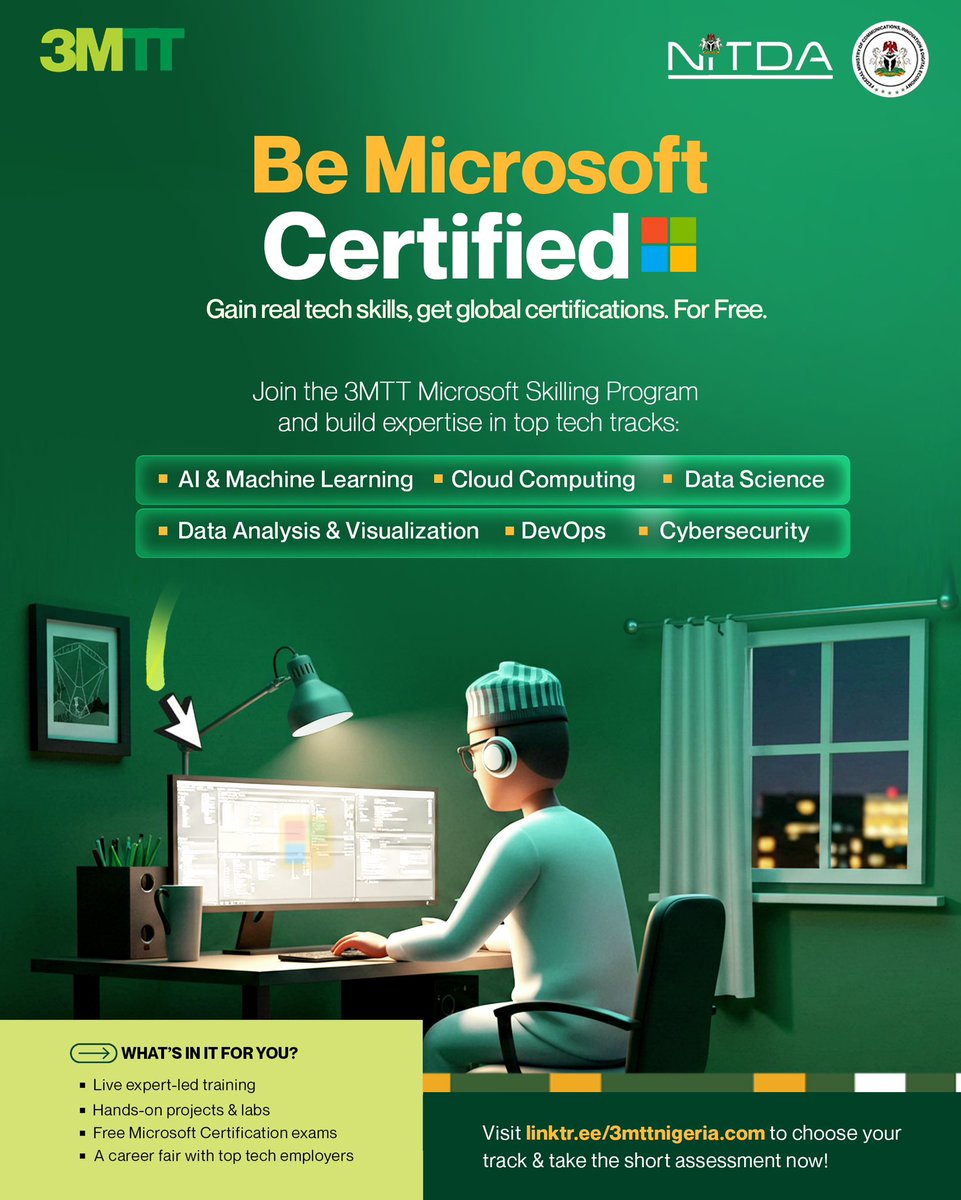 The 3MTT x Microsoft Skilling Program is giving you FREE access to expert training, and globally recognized certifications in top tech fields.

Pick a track. Take the assessment. Start your journey.

Click linktr.ee/3mttnigeria to get started.

#3MTT #techskills
