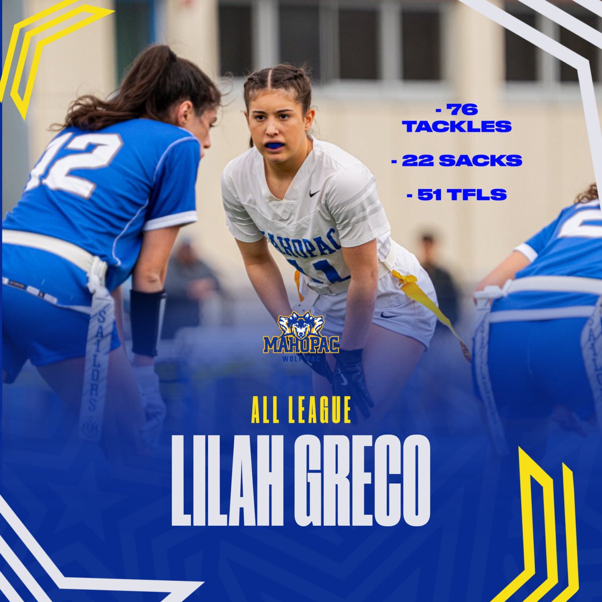 Congrats to SR rusher, Lilah Greco who was voted “All-League” by coaches within our league. Lilah was a menace on defense, and finished within the top 3 in our class for tackles. Way to go Lilah!! #LGP