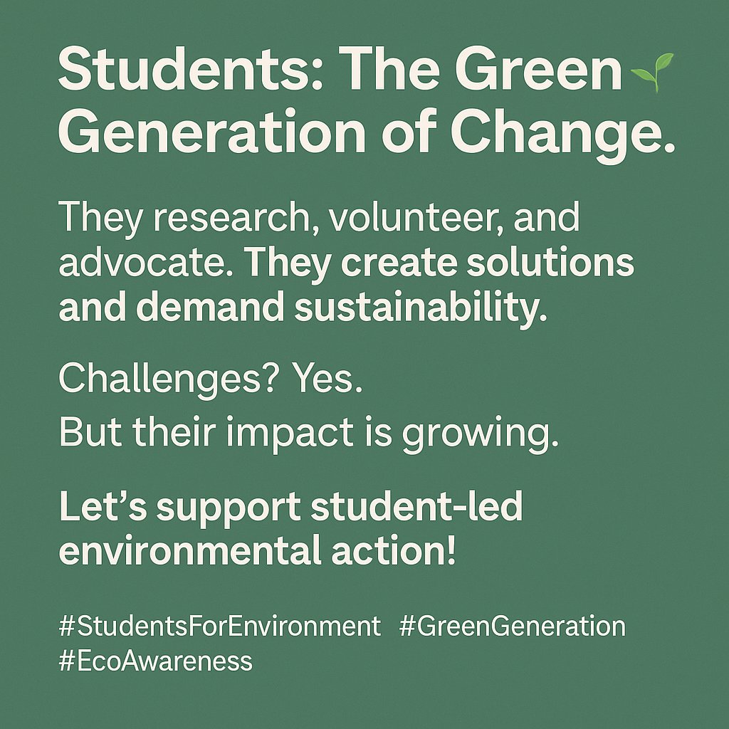 manel_sakhri's tweet photo. ✨️Students: The Green Generation of Change
They research, volunteer, and advocate.
They create solutions and demand sustainability.
Challenges?
Yes. But their impact is growing.
Let’s support student-led environmental action!
#StudentsForEnvironment #GreenGeneration https://t.co/PFBxAxexnc