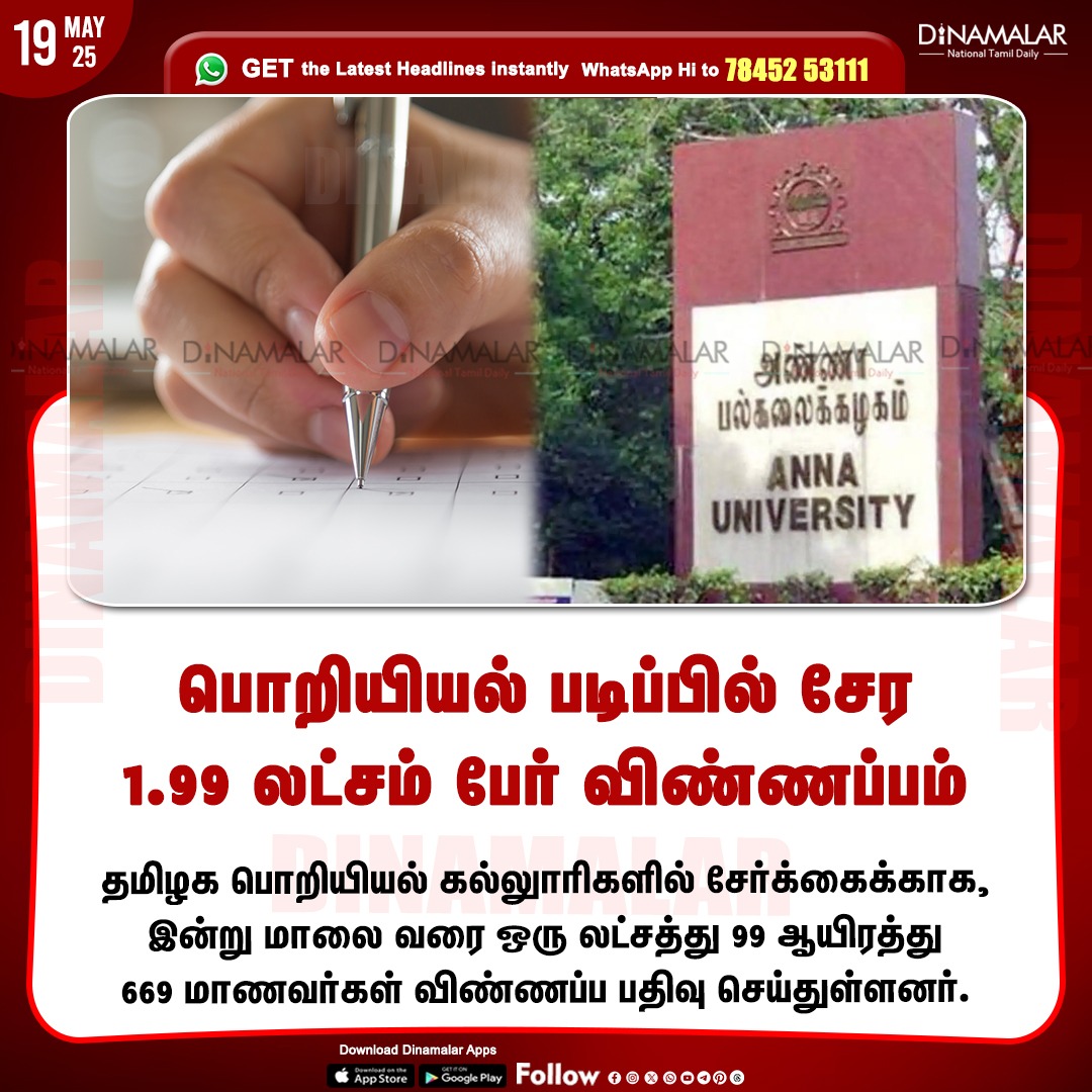 dinamalarweb's tweet image. பொறியியல் படிப்பில் சேர
1.99 லட்சம் பேர் விண்ணப்பம்
#application | #engineeringcolleges | #engineeringapplication  | #TNEA2025
dinamalar.com