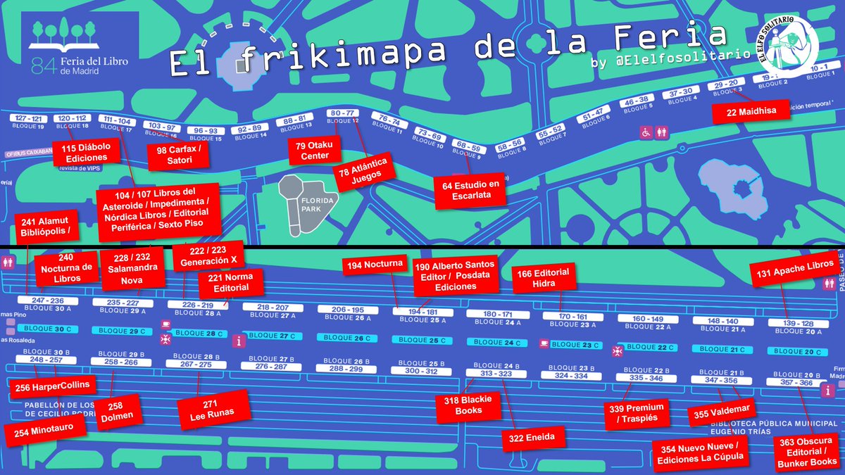 El próximo 30 de mayo comienza una nueva edición de la <a href="/FLMadrid/">Feria del Libro de Madrid</a> y, como cada año, os traigo la edición actualizada de mi frikimapa, para que podáis planificar vuestra visita. ¡Feliz botín! 😊