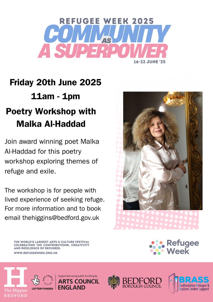 City of Sanctuary UK 🧡 (@cityofsanctuary) on Twitter photo Join poet, activist & Sanctuary Ambassador Malka Al-Haddad for a <a href="/RefugeeWeek/">Refugee Week 🧡</a> poetry workshop exploring refugee & exile.
Sign up now
thehigginsbedford.org.uk/Whats_on/Refug… Join poet, activist & Sanctuary Ambassador Malka Al-Haddad for a <a href="/RefugeeWeek/">Refugee Week 🧡</a> poetry workshop exploring refugee & exile.
Sign up now
thehigginsbedford.org.uk/Whats_on/Refug…