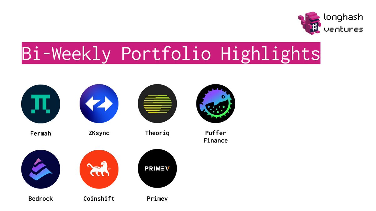 LongHashVC's tweet photo. 🧵 In this week’s Portco Highlight, we look at 7 main events that have happened so far:

🔐 @fermah_xyz Introduced Confidential Proving Delegation (CPD)
🛠️ @zksync is now fully EVM Equivalent
📈 @0xCoinshift TVL surpasses $100m
⚡️ @TheoriqAI is launching an exclusive activation campaign with OKX Wallet
💰 @puffer_finance is now on Binance Alpha
🧪 @Bedrock_DeFi Berachain’s $uniBTC pool is now live on Pendle
🎉 @primev_xyz mev-commit crowned as Winner of Stake Tank 2025

Here’s the rundown of each event 👇