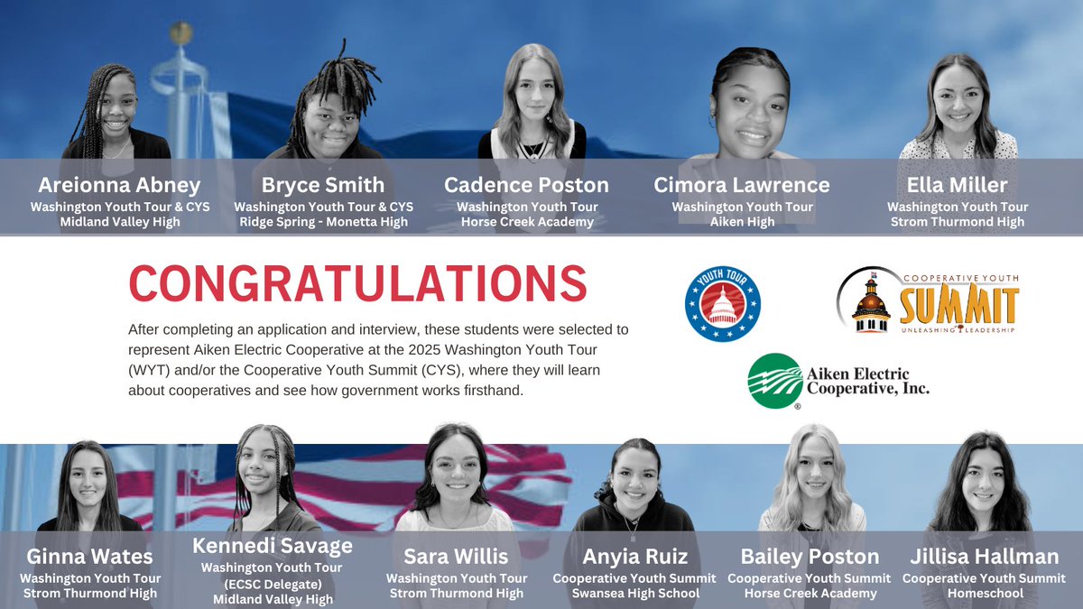 🥳 Congratulations to our 2025 Youth Tour winners! Local high school students were selected to participate and represent AEC for the 2025 Washington Youth Tour and/or Cooperative Youth Summit this summer. We are excited and proud of these students! ✈️