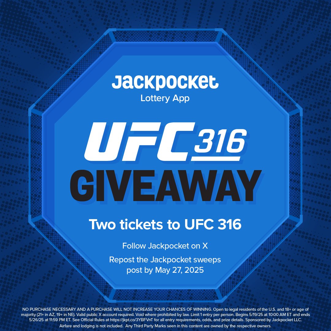 Jackpocket's tweet image. 🥊 Enter for a chance to win UFC 316 tickets
We’re giving THREE followers 2 tix each to #UFC316 in Newark, NJ on 6/7/2025!
To enter:
1) Follow @Jackpocket
2) Repost before 5/27/25
Ends 5/26/25 at 11:59 PM ET. Airfare and lodging NOT included. Rules ➡️ jkpt.co/3YBFVnT