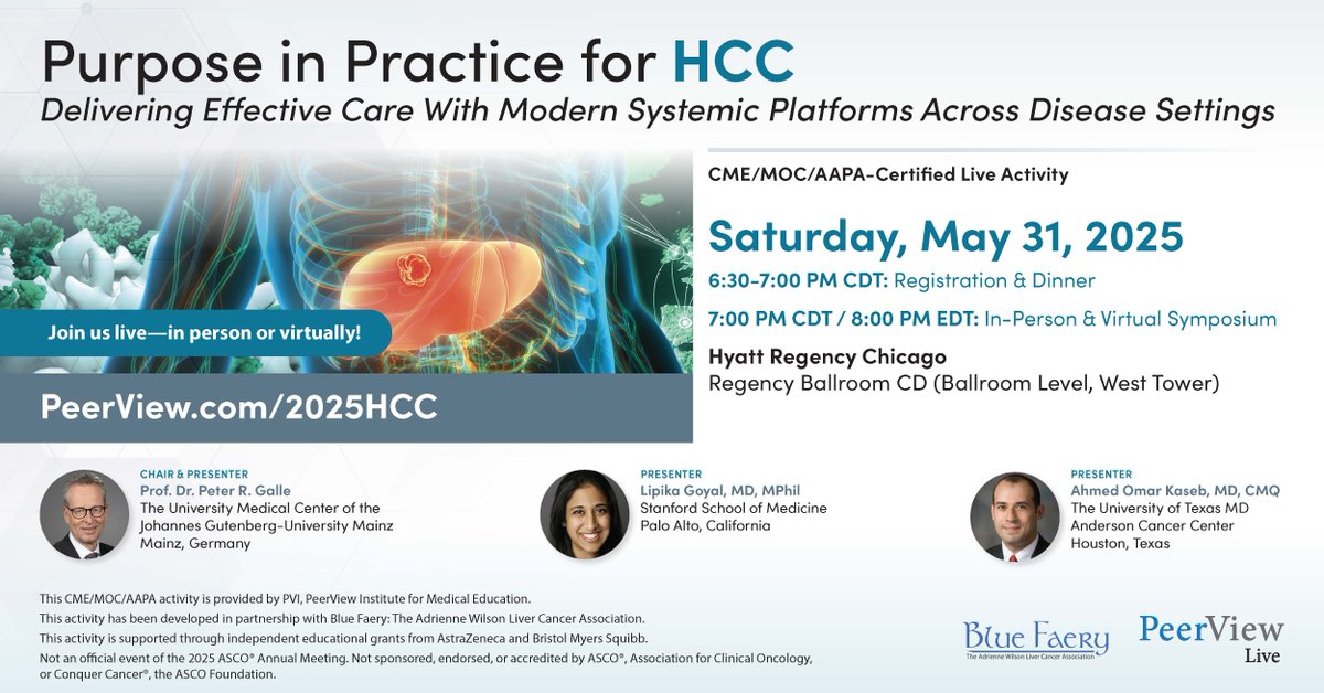 PeerView (@peerview) on Twitter photo Remember to join us Saturday, May 31 at 6:30 PM CDT, for our #HepatocellularCarcinoma live in-person and virtual symposium. Please submit your questions in advance and follow <a href="/PeerView/">PeerView</a> for more #MedEd content! bit.ly/HCC-T #ASCO25 <a href="/BlueFaeryLiver/">Blue Faery</a> <a href="/lipika_goyal/">Lipika Goyal</a> Remember to join us Saturday, May 31 at 6:30 PM CDT, for our #HepatocellularCarcinoma live in-person and virtual symposium. Please submit your questions in advance and follow <a href="/PeerView/">PeerView</a> for more #MedEd content! bit.ly/HCC-T #ASCO25 <a href="/BlueFaeryLiver/">Blue Faery</a> <a href="/lipika_goyal/">Lipika Goyal</a>