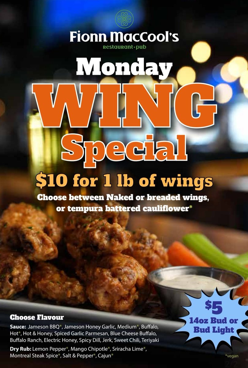 We're open regular hours today, 11am - Midnight. 

$10 Wings
$10 Cauliflower 
$5 Bud &amp; Bud Light