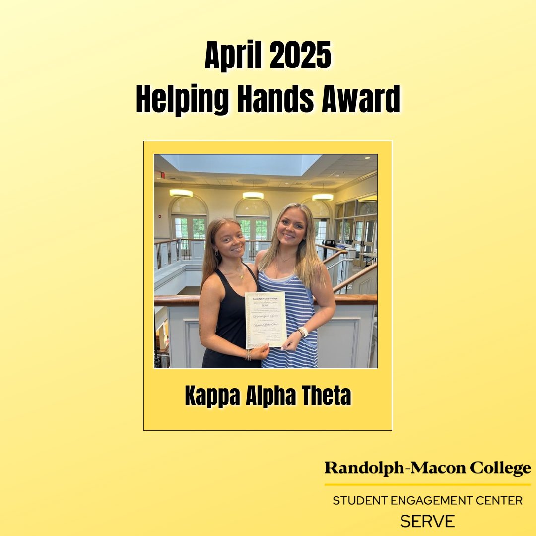 Kappa Alpha Theta is the April 2025 winner of the SERVE Helping Hands Award. Great work!