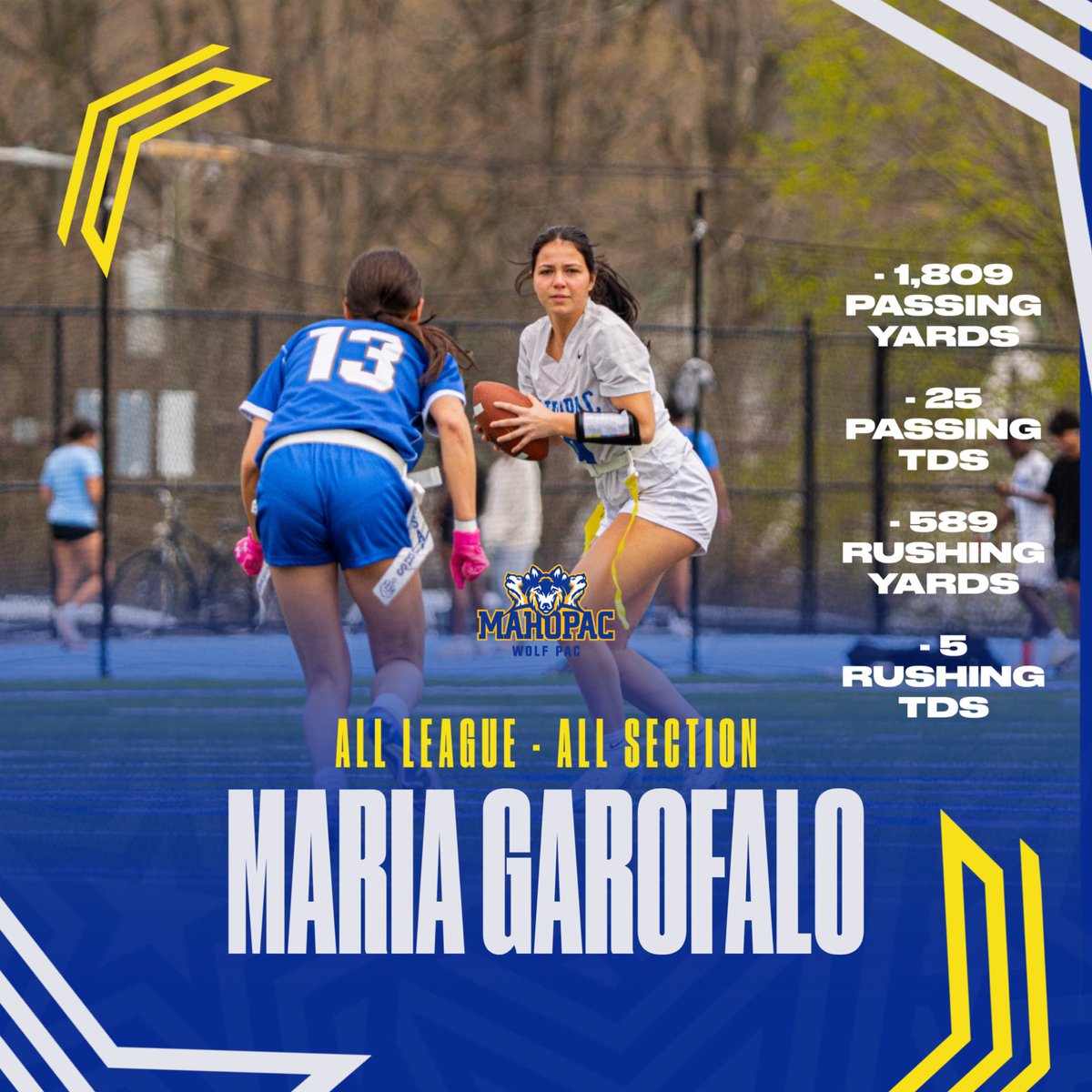Congrats to JR QB/DB, Maria Garofalo who was voted “All-League” and “All-Section” by coaches within Section 1. Maria threw for a 1,809 yards, which was 2nd in our class. Very well deserved!! #LGP