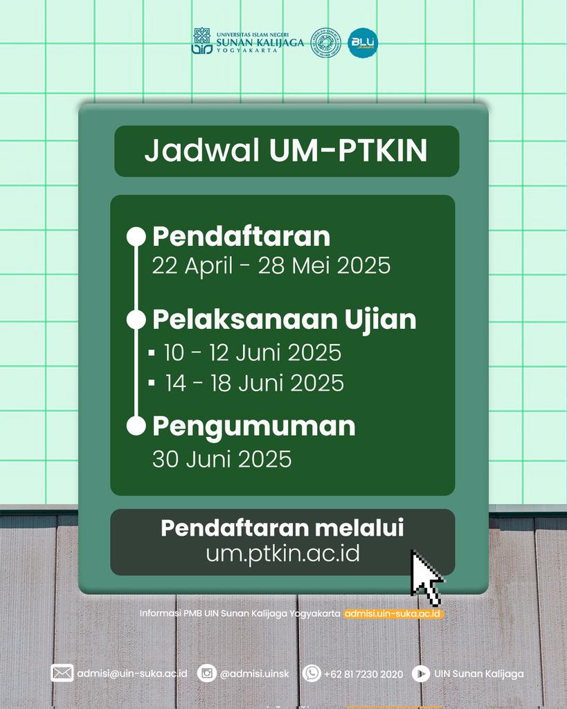 UIN Sunan Kalijaga Yogyakarta membuka jalur Ujian Masuk-Perguruan Tinggi Keagamaan Islam Negeri (UM-PTKIN) dengan 25 pilihan prodi keagamaan.
Pendaftaran bakal ditutup tanggal 28 Mei 2025. Tunggu apalagi, segera meluncur ke laman um.ptkin.ac.id. 
#uinsk #uinsuka