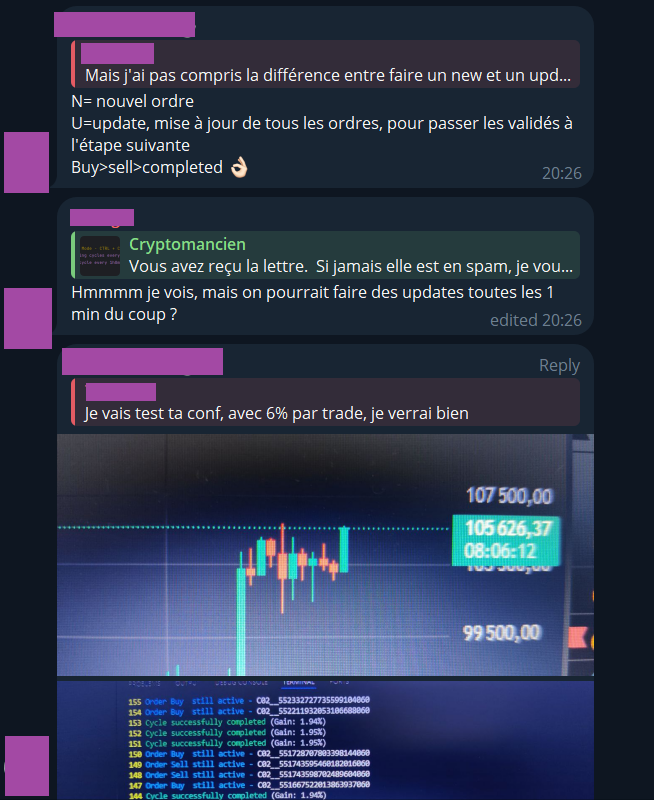 crypt0mancien's tweet image. Un jour normal sur mon Telegram ⬇️

On s'éclate sur le marché Bitcoin.
On achète bas, revend toujours plus haut.
Certains font du 4-5%/mois, d'autre 12-13%/trimestre.

Un autre a sécurisé une somme plus que confortable en un seul cycle.

Le bot de trading dispo en premium vaut…