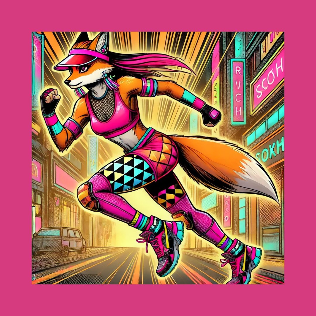 BOTBRunning's tweet image. Daily Running Art NFT  - This Beast is the Fox. Sleek, sharp, and shimmering , her holographic gear is as fast as her feet. Traits:Gear: Orange-pink gear, geometric leggings.Accessories: Holographic visor, neon laces Aura: Vapor flash trail.Background: Urban alley blaze.