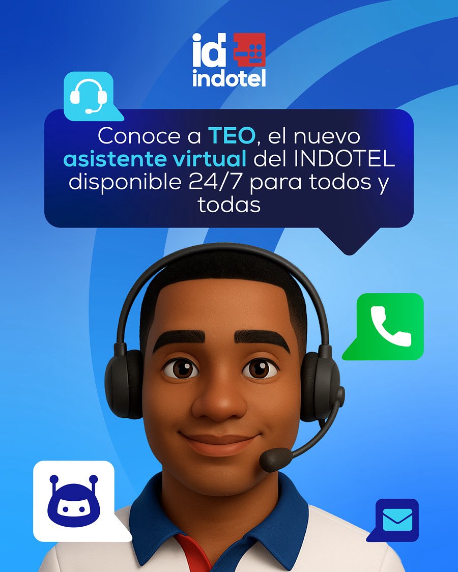 IndotelRD's tweet image. Conoce a Teo, nuestro asistente virtual, listo para ayudarte a través de:
WhatsApp al 849 591 5555📲
O visítanos en nuestro portal web🌐
Escríbele como si fuera un amigo y resuelve 💬 dudas, quejas o 📢 reclamaciones sobre tus servicios de telecomunicaciones al instante ⚡