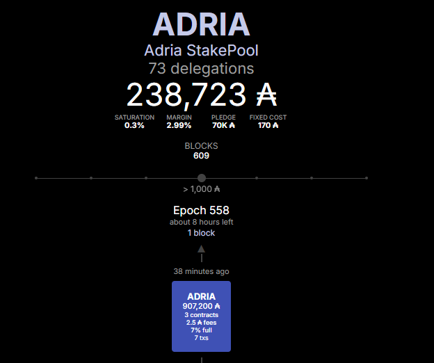 Another block in this epoch !!! 🥳

ADRIA SPO is low on stake and looking for delegators.
👀👀
We provide extra rewards. 🧨
DM us to get exclusive deal and boost your $ADA staking ROI. 🤑💸