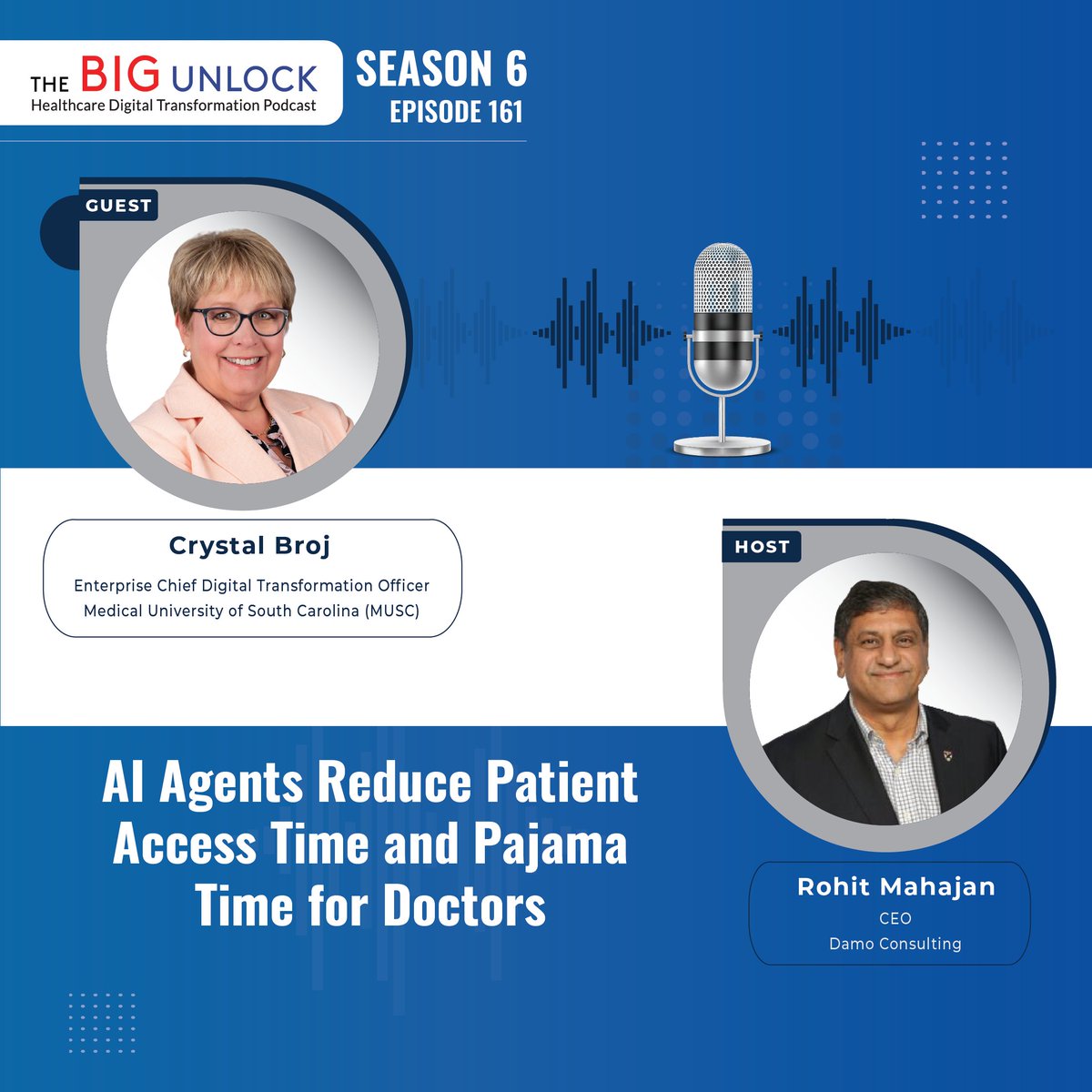 The Big Unlock Podcast (@thebigunlock) on Twitter photo New on <a href="/TheBigUnlock/">The Big Unlock Podcast</a> podcast!
Crystal Broj, Chief Digital Transformation Officer at <a href="/MedUnivSC/">Medical University of South Carolina (MUSC)</a>, joins Rohit Mahajan to discuss how AI, voice bots, and ambient tech are reshaping care.
Big lesson: Start small, track ROI, and scale smart.
🎧 Listen: hubs.la/Q03n5GH80 New on <a href="/TheBigUnlock/">The Big Unlock Podcast</a> podcast!
Crystal Broj, Chief Digital Transformation Officer at <a href="/MedUnivSC/">Medical University of South Carolina (MUSC)</a>, joins Rohit Mahajan to discuss how AI, voice bots, and ambient tech are reshaping care.
Big lesson: Start small, track ROI, and scale smart.
🎧 Listen: hubs.la/Q03n5GH80