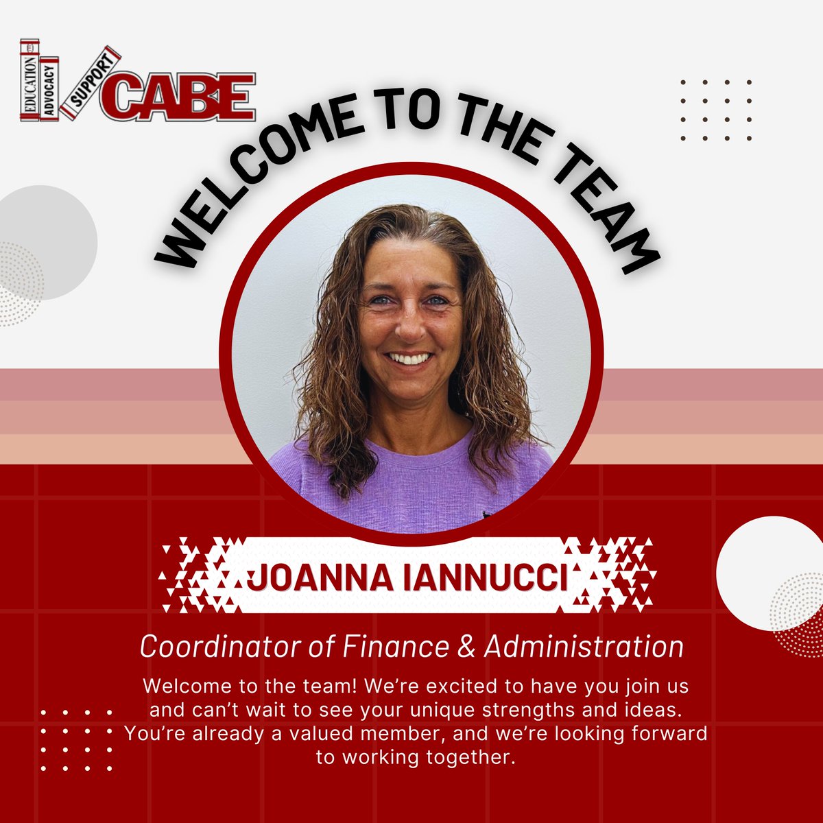 Please join us in welcoming Joanna Iannucci to the CABE Team! Joanna is our new Coordinator of Finance &amp; Administration. 

While we were sad to see Wendy DeBarge go, we wish her all the best in her next chapter!