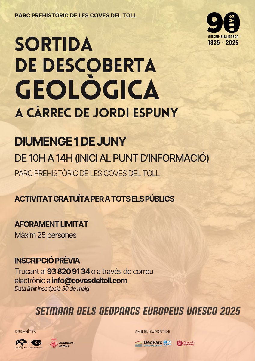 Coves del Toll (@covesdeltoll) on Twitter photo 🥾 Diumenge 1 de juny - Sortida de descoberta Geològica a càrrec de <a href="/TGeologia/">Taller_de_Geologia</a>
🕑 Horari: 10h a 14h
📍 Lloc d'inici: Pàrquing del Parc Prehistòric de les Coves del Toll
👥 Activitat familiar gratuïta per a tots els públics
‼️ Aforament limitat (Màxim 25 persones) 🥾 Diumenge 1 de juny - Sortida de descoberta Geològica a càrrec de <a href="/TGeologia/">Taller_de_Geologia</a>
🕑 Horari: 10h a 14h
📍 Lloc d'inici: Pàrquing del Parc Prehistòric de les Coves del Toll
👥 Activitat familiar gratuïta per a tots els públics
‼️ Aforament limitat (Màxim 25 persones)