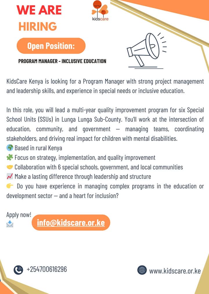 Vacancy | Program Manager – Inclusive Education

KidsCare Kenya is looking for a Program Manager with strong project management and leadership skills, and experience in special needs or inclusive education.

#vacancy #projectmanagement #educationjobs #inclusiveeducation #NGOjobs