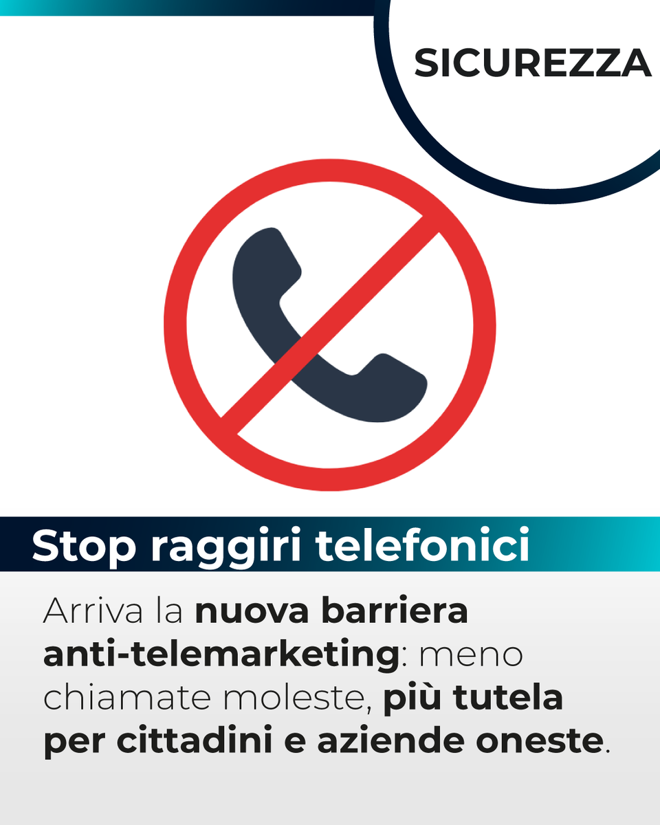 comilara's tweet photo. STOP alle chiamate moleste! Sta arrivando lo Scudo Anti-Telemarketing: in 3 mesi via i finti numeri fissi, in 6 mesi blocco delle SIM sospette. Più tutela per cittadini e aziende oneste. Era ora, no? #antitelemarketing #agcom #privacyfirst #callblocking https://t.co/bEjOgGDYYR