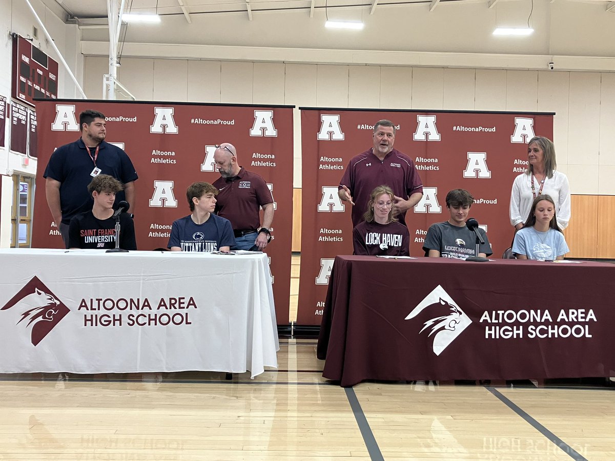 Congrats AAHS students who signed this morning to continue athletics in college. 
Rocco Pacifico - Lock Haven- T&amp;F
Alannah Irwin - Lock Haven - T&amp;F
Mary Stoltz - Shippensburg  - T&amp;F
Luke Mitchell - St. Francis - Tennis 
Lukas Weathersbee - PSU Altoona - Volleyball #AltoonaProud