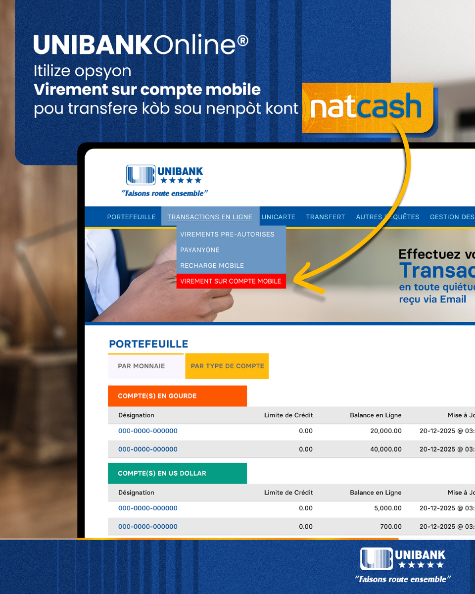 UBHaiti's tweet photo. Opsyon saa fasil e li rapid ! Transfere lajan sou yon kont mobil NatCash san deplase sou Unibankonline. Si w bezwen enfòmasyon oswa asistans, kontakte nou sou yonn nan platfòm nou yo oswa rele : 2299-2200 | 2999-2200.
#UnibankHaiti #FaisonsRouteEnsemble #natcash #unibank #transfere #lajan #kontmobil #Ayiti