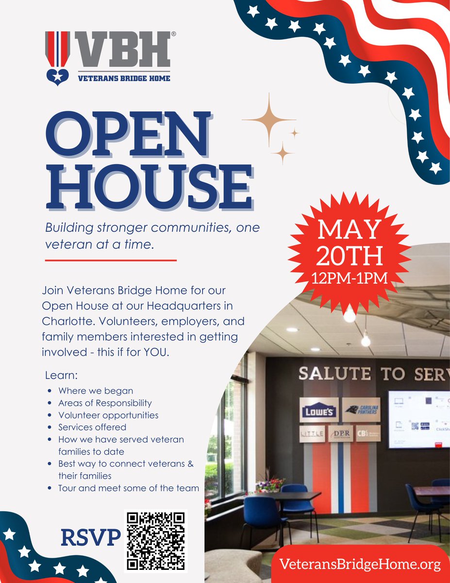 VetBridgeHome's tweet image. Looking to get involved? Join us tomorrow for our Open House! 🏠Whether you're a volunteer, employer, or family member, there are plenty of ways you can get help support our mission!
#VeteransBridgeHome #OpenHouse #Community #Veterans #BeTheBridge
veteransbridgehome.galaxydigital.com/need/detail/?n…