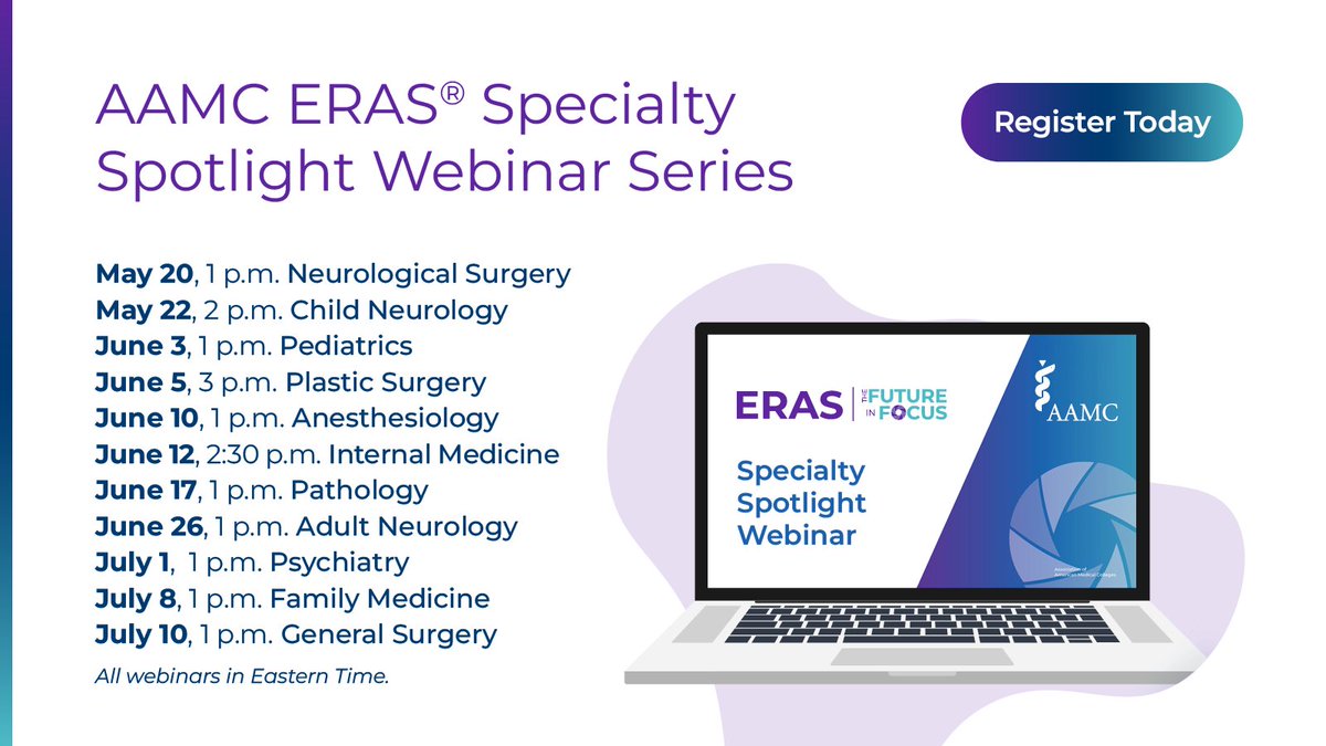 ERAS (@erasinfo) on Twitter photo Don’t miss the chance to attend our Specialty Spotlight webinars starting tomorrow! These webinars cover a range of specialties. Register today to prepare for the upcoming application season. ow.ly/9uiA50VU67a Don’t miss the chance to attend our Specialty Spotlight webinars starting tomorrow! These webinars cover a range of specialties. Register today to prepare for the upcoming application season. ow.ly/9uiA50VU67a