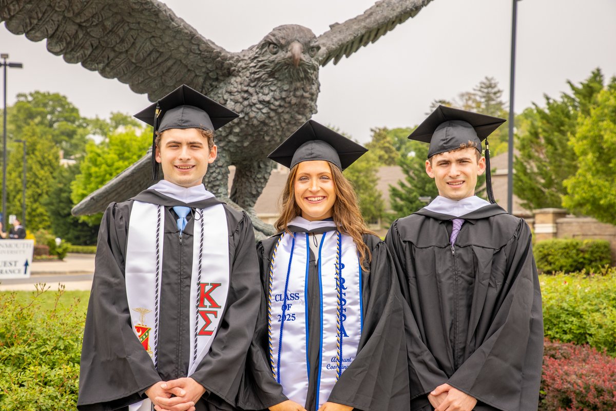 Congratulations to Michael, Caroline, and Daniel Gruseke on their graduation from #MonmouthU with degrees in Communication. 🎓 As triplets who remained close throughout their lives, their achievement is a testament to both family and academic dedication. #HawksFlyTogether